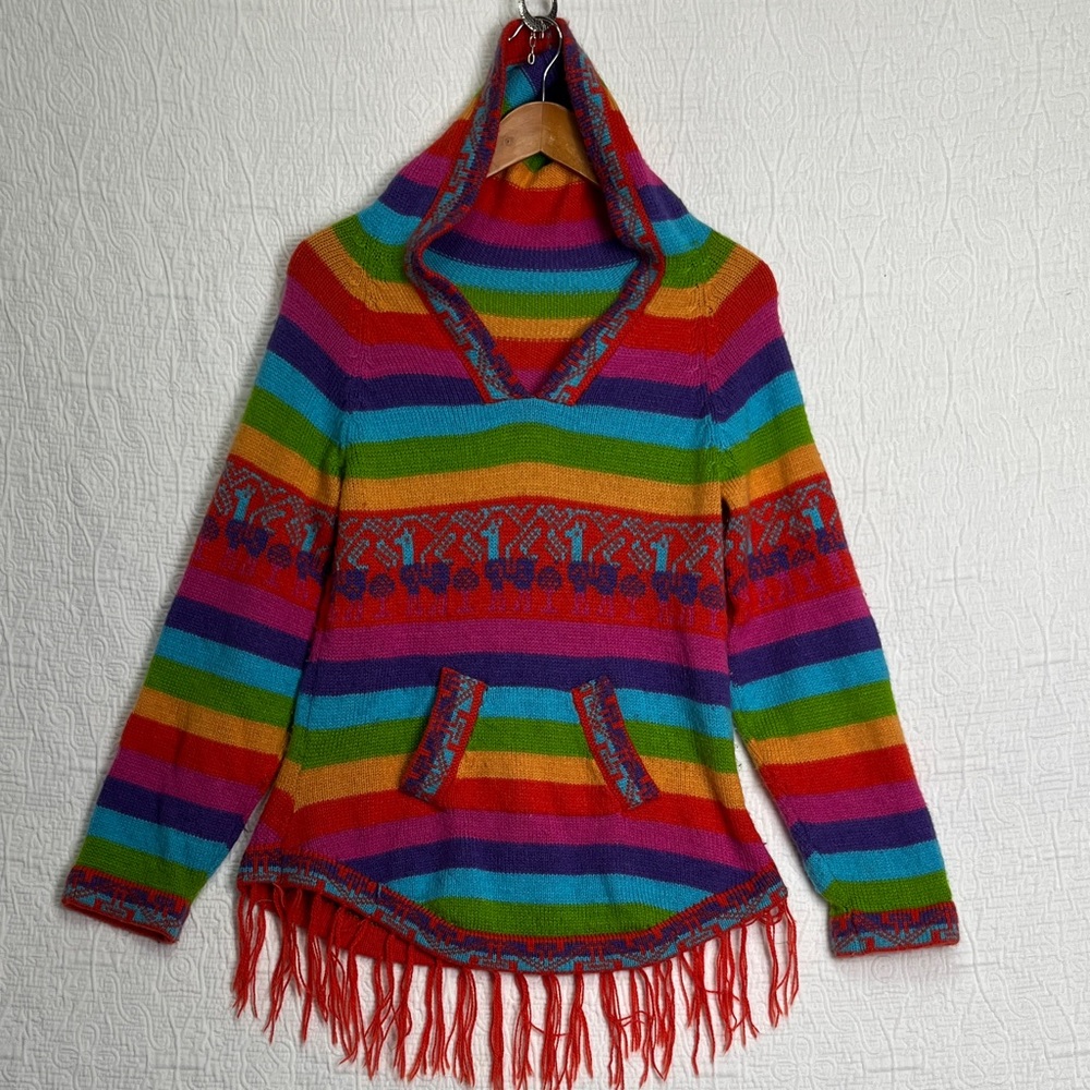Colorful Striped Alpaca Pullover Sweater Womens Small Fringed Hoodie Knit Top S